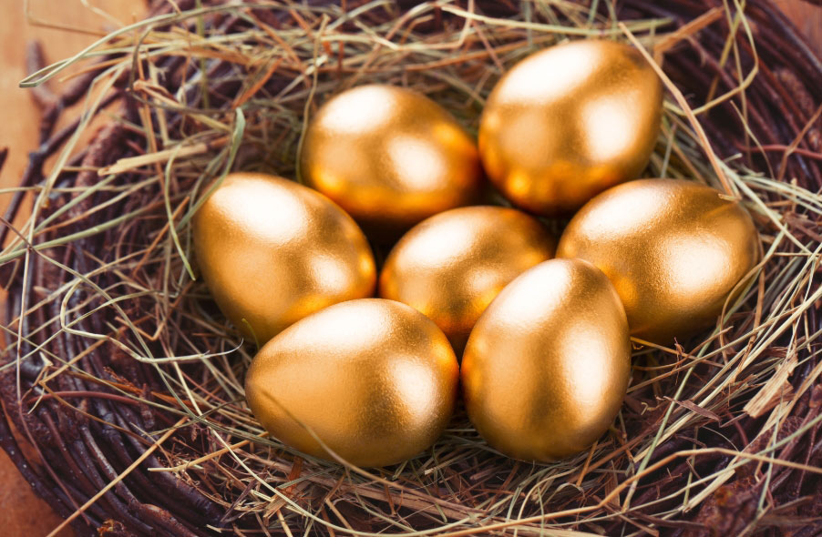 golden eggs sitting in nest