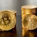 stack of gold coins and coin with bitcoin icon