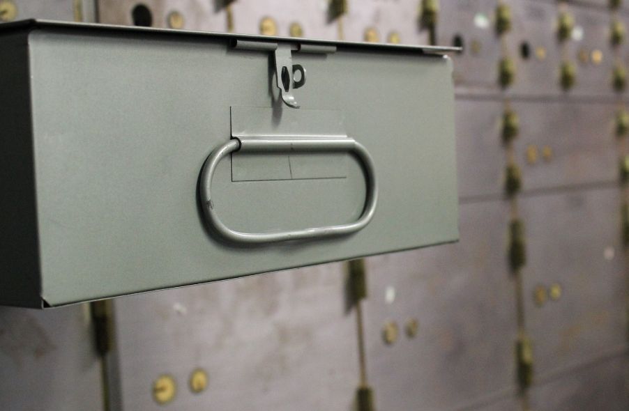 open safety deposit box on bank storage facility
