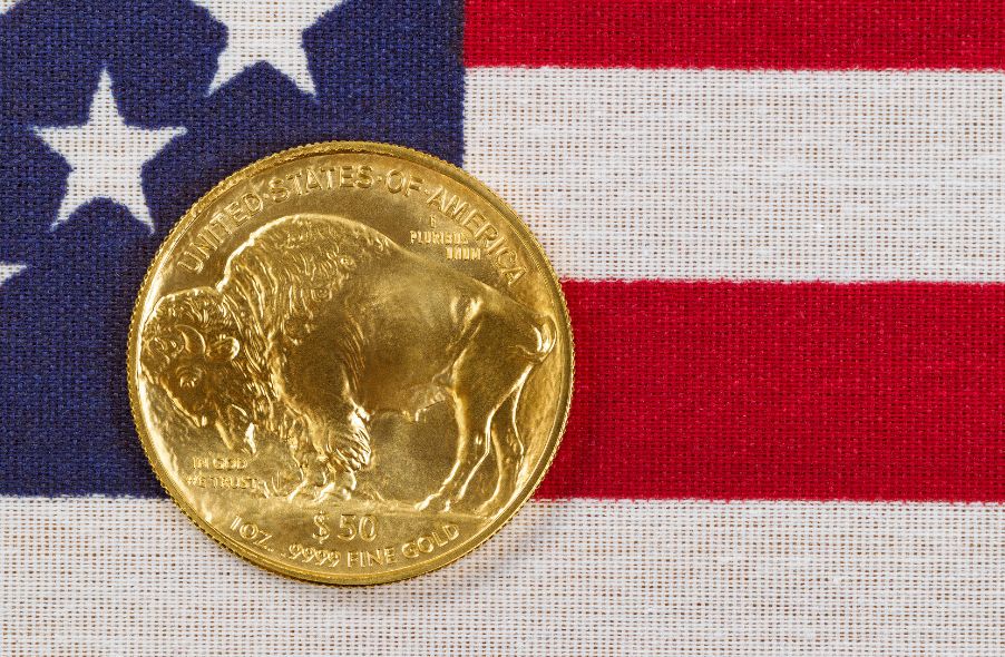 one ounce American gold buffalo coin on us flag